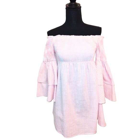 WOMEN'S PAPER HEART COLLECTIONS PINK & WHITE STRIPED SHIRT DRESS - SIZE M - Picture 1 of 4